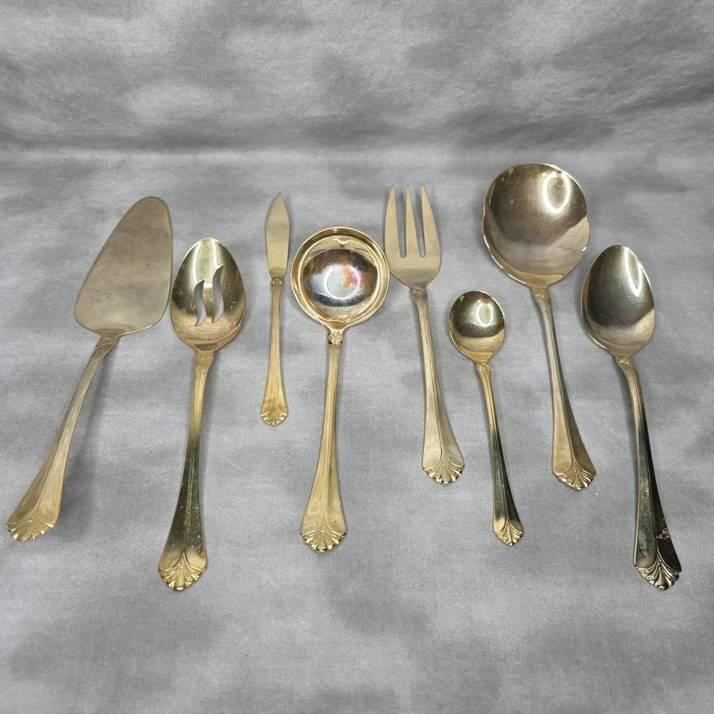 (X8) International Silver INS398 Gold Electroplate Varied Serving Flatware Vtg